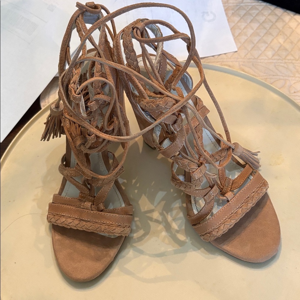 BCBGeneration Ronny Braided Suede & Leather Lace-Up Tassels Block Heel Sandals